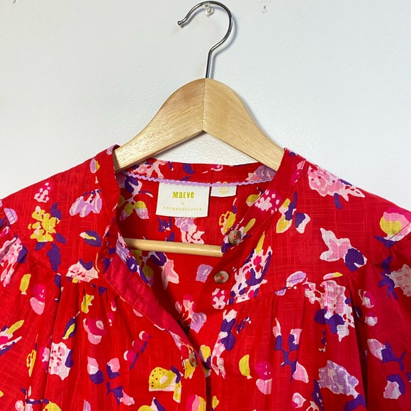Maeve by Anthropologie Floral Red Long Sleeve Button Down Blouse - Picture 4 of 6